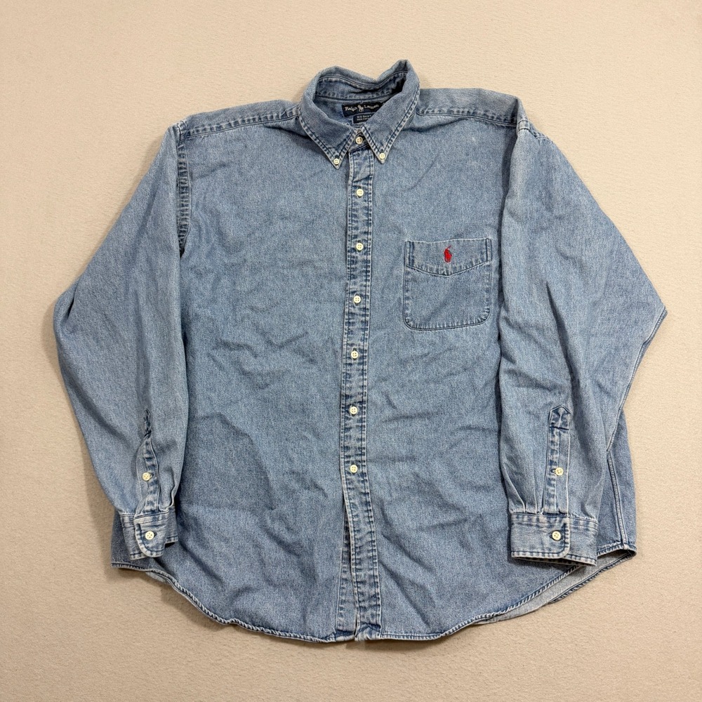 Vintage Polo Ralph Lauren Denim Shirt XXL Blue Big Shirt Button Down Long Sleeve